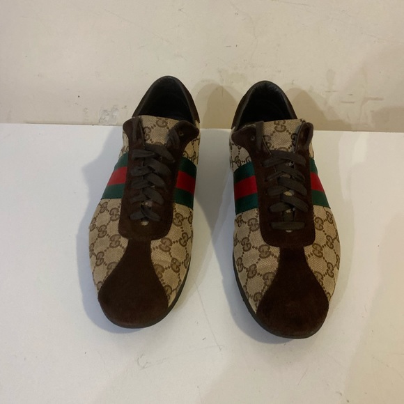 Gucci Brown/Beige Suede And GG Canvas men shoes Sneakers Sz G 10 US 11 - Picture 6 of 15